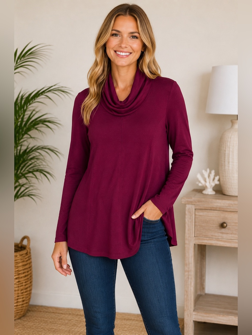 PURE Essence Burgundy Cowl Neck Tunic Size Small
